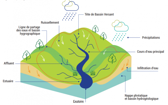 Schéma explicatif de la délimitation d'un bassin versant