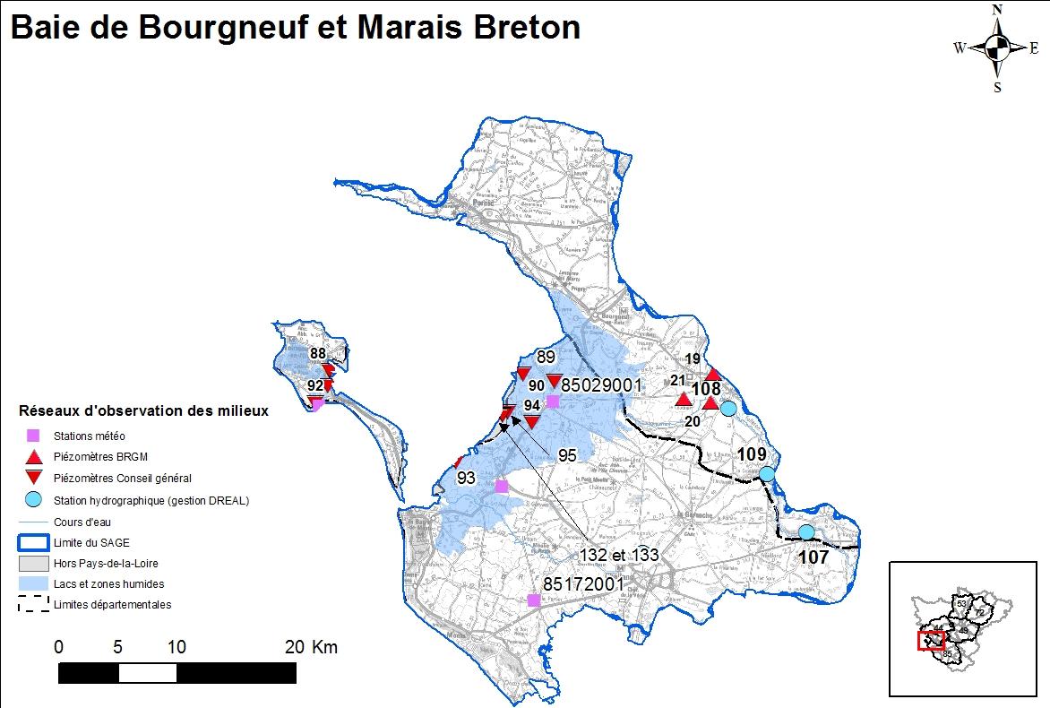 Carte des réseaux de mesure Baie de Bourgneuf
