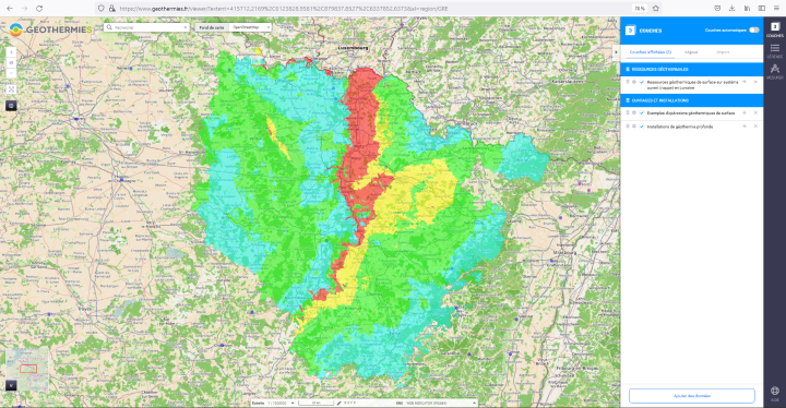 Espace cartographique des ressources géothermiques en Lorraine sur le site Géothermies
