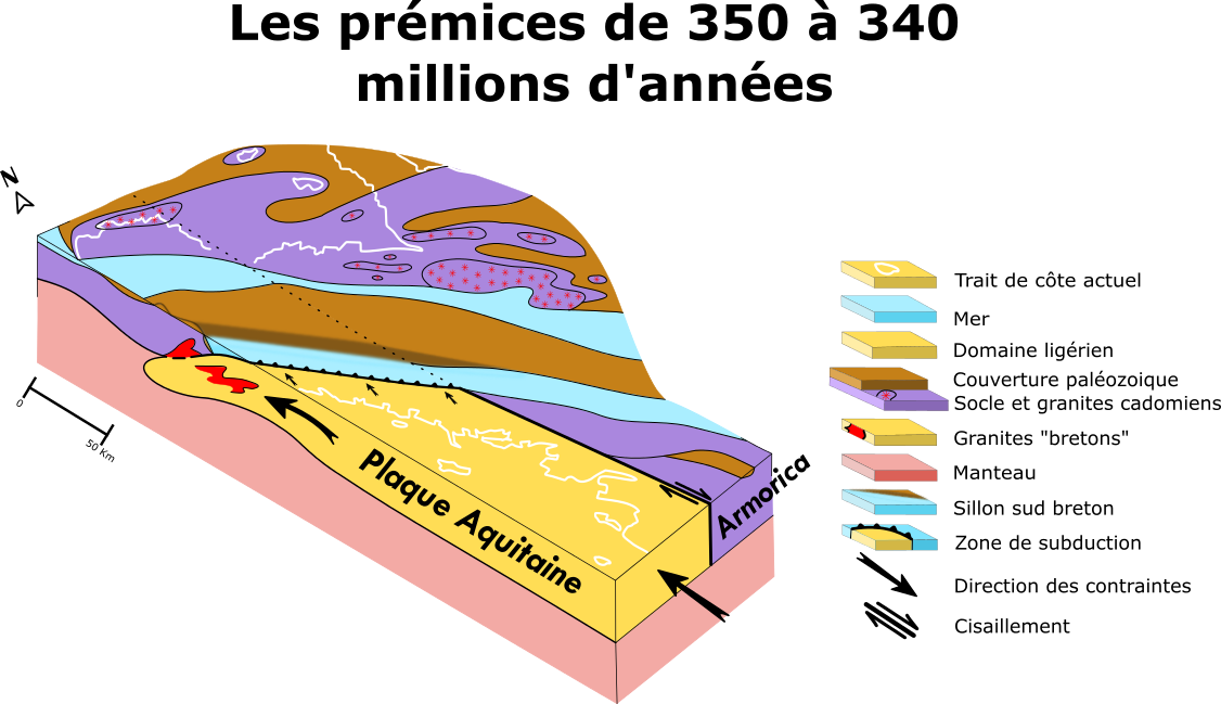 Les prémices de l’empilement des nappes de 350 à 340 millions d’années (modifié, d’après Lajoinie et al., 1986)