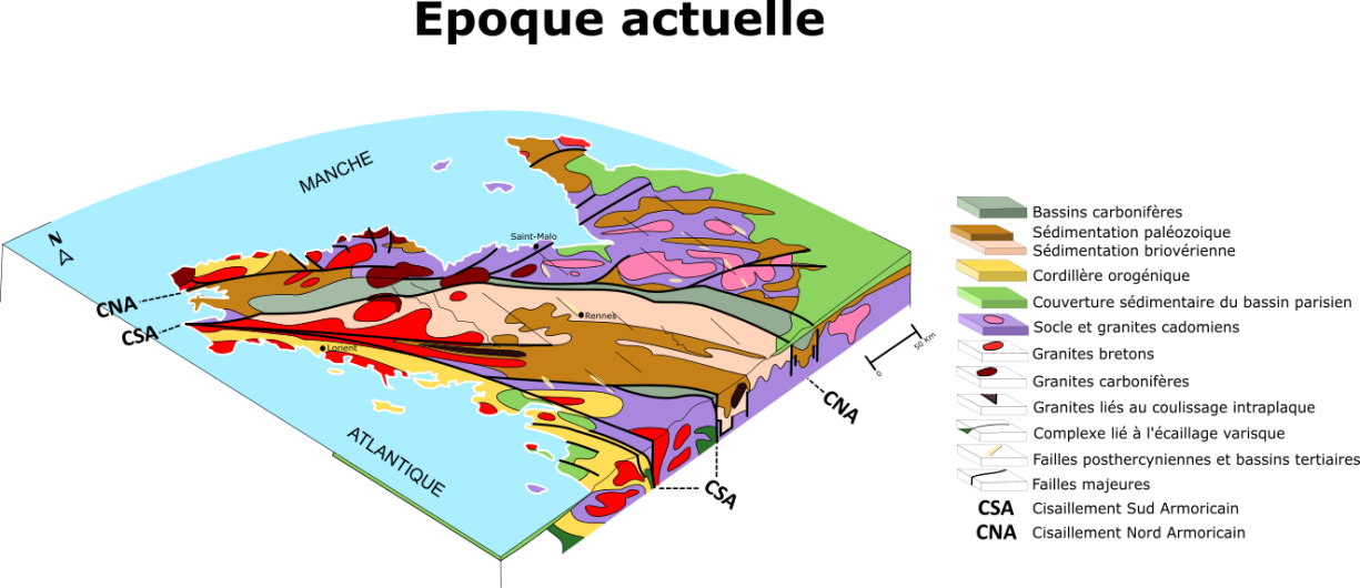 Illustration 4 : Bloc diagramme 3D du Massif Armoricain (modifié, d’après Lajoinie et al., 1986)
