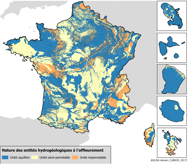 Carte des entités hydrogéologiques du Référentiel hydrogéologique BDLISA Version 2