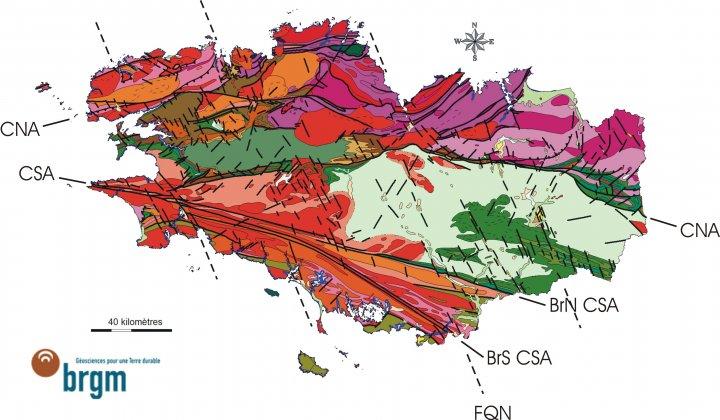 Illustration 5 : Carte géologique au millionième de la Bretagne et failles associées, Eds BRGM