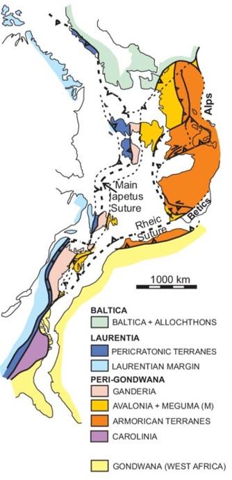 Reconstitution de la chaine appalachienne transatlantique avant l’ouverture de l’Atlantique (à gauche : Laurentia ; à droite : Gondwana)