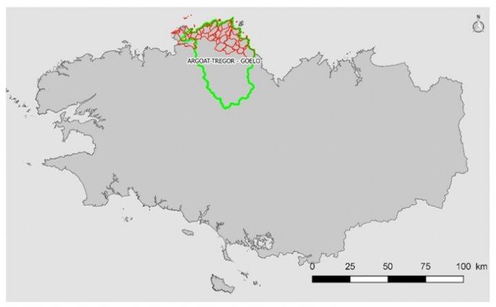 Localisation de la zone d’étude du projet ADRESSAGE (communes en rouge) sur le territoire du SAGE Argoat-Trégor-Goëlo (en vert)