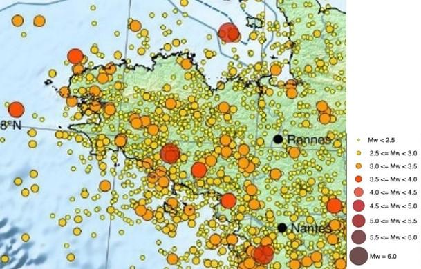 Extrait de la cartographie de la sismicite instrumentale de la France metropolitaine entre 1962 et 2018 (www.sisfrance.net)