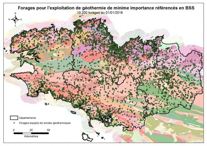 Localisation des forages de géothermie très basse énergie référencés en BSS en Bretagne (BRGM, janvier 2016)