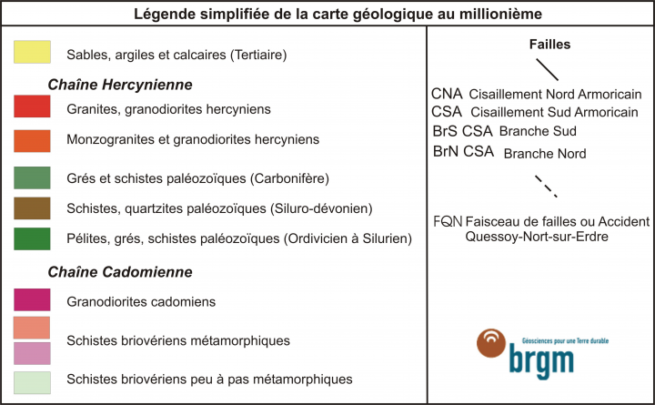 Légende de la carte géologique simplifiée de la Bretagne présentée ci-dessous