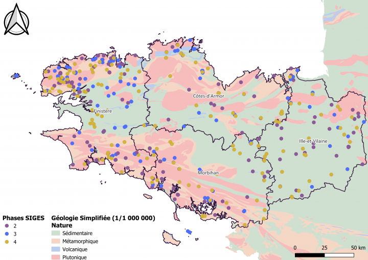 Carte de répartition des données de paramètres hydrodynamiques sur la Bretagne bancarisées en 2023
