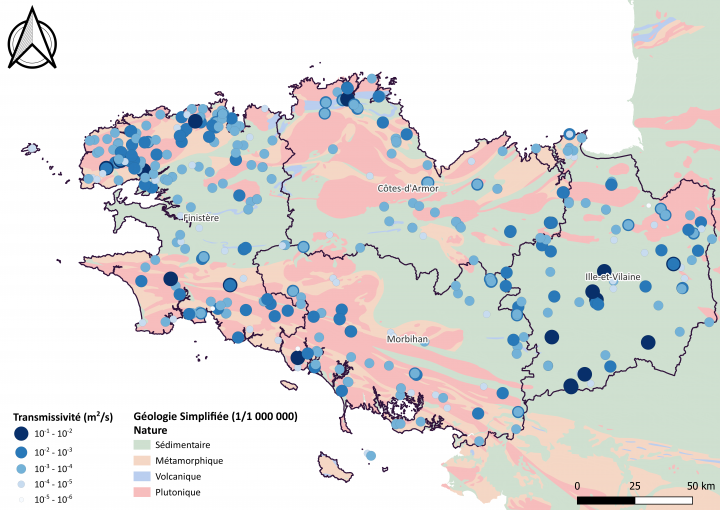 Carte de répartition des classes de transmissivités sur la carte géologique simplifiée