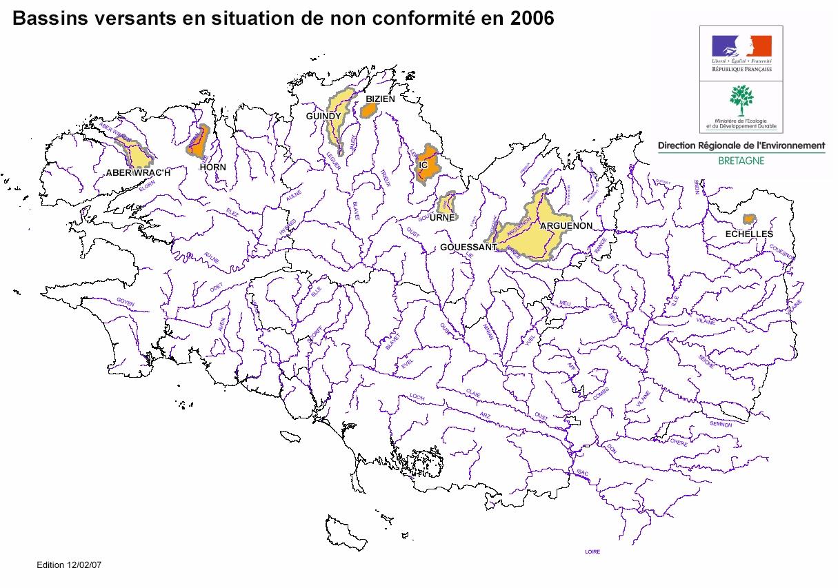 Localisation des bassins versants en contentieux nitrates en 2006 (source : DIREN)