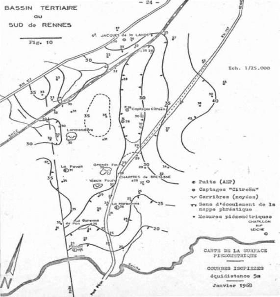 Carte piézométrique du Bassin tertiaire de Rennes - janvier 1968 (rapport BRGM 69-SGN-003)