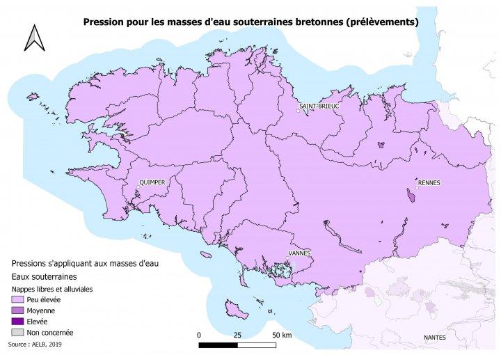 Pression des prélèvements annuels sur les nappes libres bretonnes en 2013