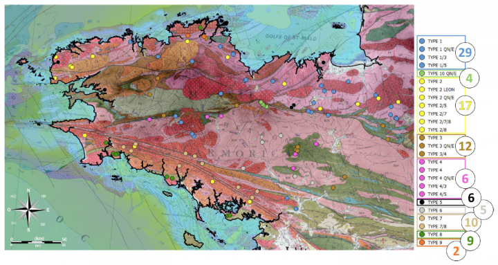 Localisation des forages étudiés dans le programme ANAFORE et classés par typologie géologique