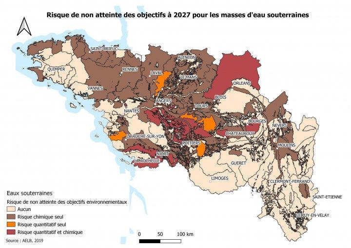 Risque de non-atteinte des objectifs à 2027 sur les masses d’eau souterraines du bassin Loire-Bretagne