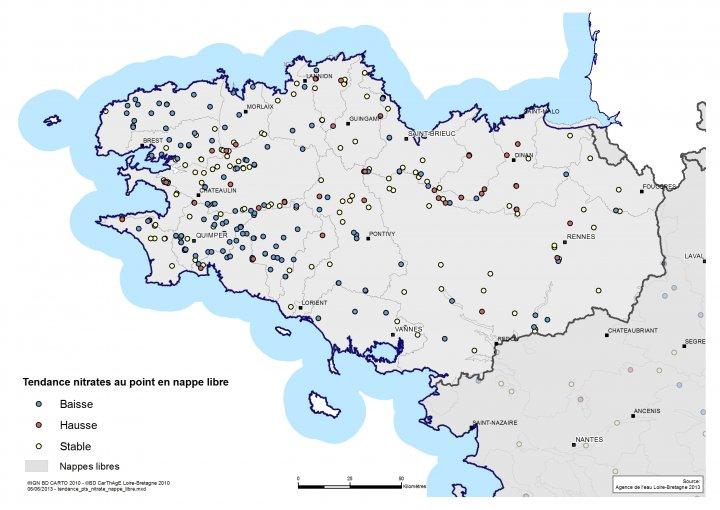 Tendance évolution des nitrates aux stations de mesures