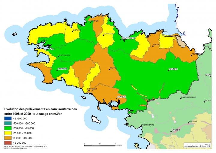 Tendances d’évolution des prélèvements déclarés à l’Agence de l’eau Loire-Bretagne par masse d’eau souterraine entre 1998 et 2009