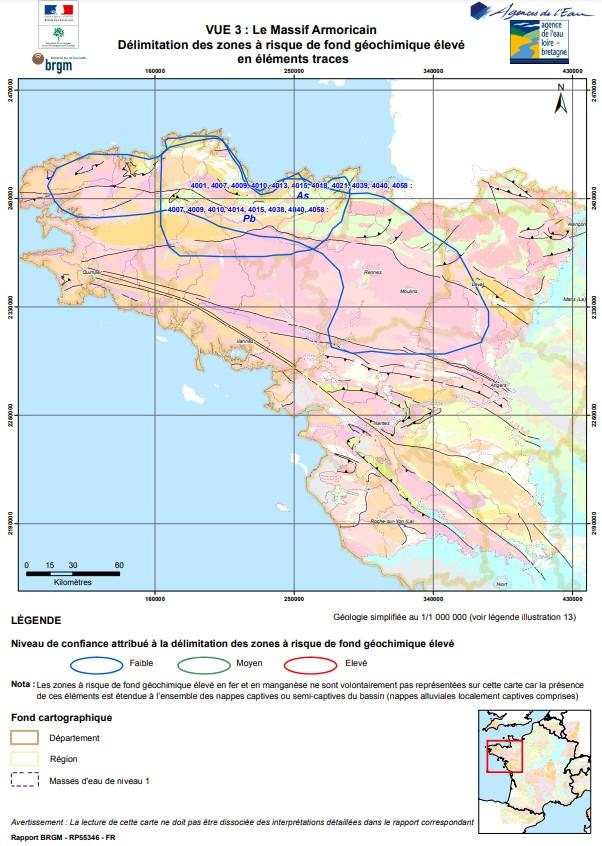 Zones à risque de fond géochimique élevé dans le Massif armoricain (Brennot et al., 2007)