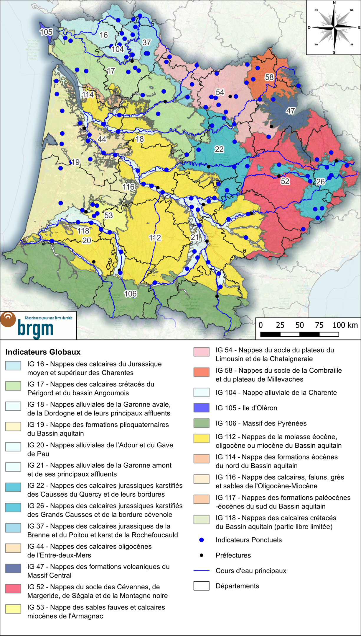 Carte des IG et IP du bassin Adour-Garonne