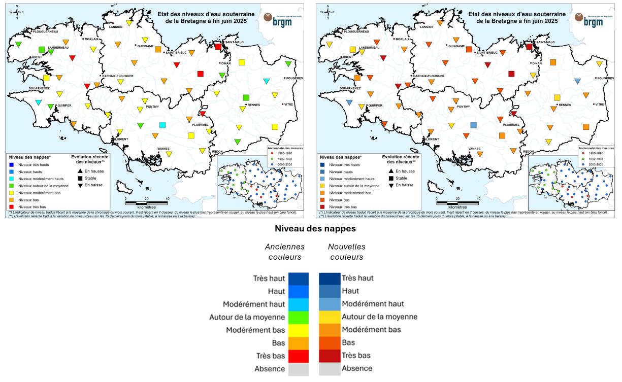 Comparaison des cartes de situation à fin juin 2025 suite à l’évolution des couleurs des niveaux de nappes