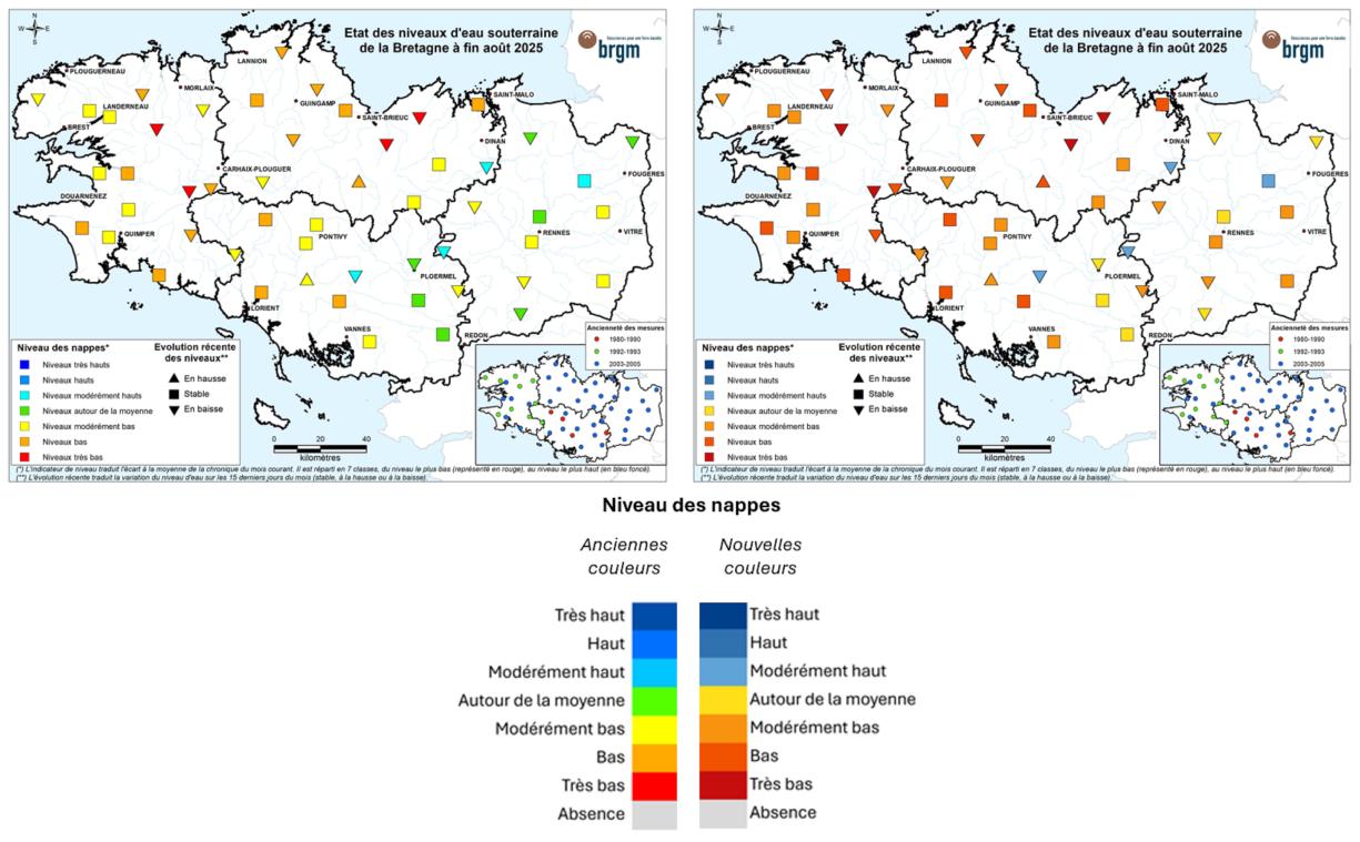 Comparaison des cartes de situation à fin août 2025 suite à l’évolution des couleurs des niveaux de nappes