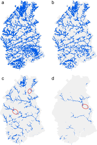 Evolution des surfaces drainage en fonction de différentes valeurs de recharge - Goderniaux et al., 2013