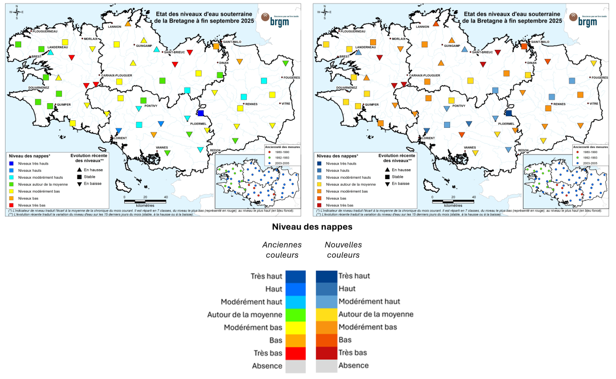 Comparaison des cartes de situation à fin septembre 2025 suite à l’évolution des couleurs des niveaux de nappes