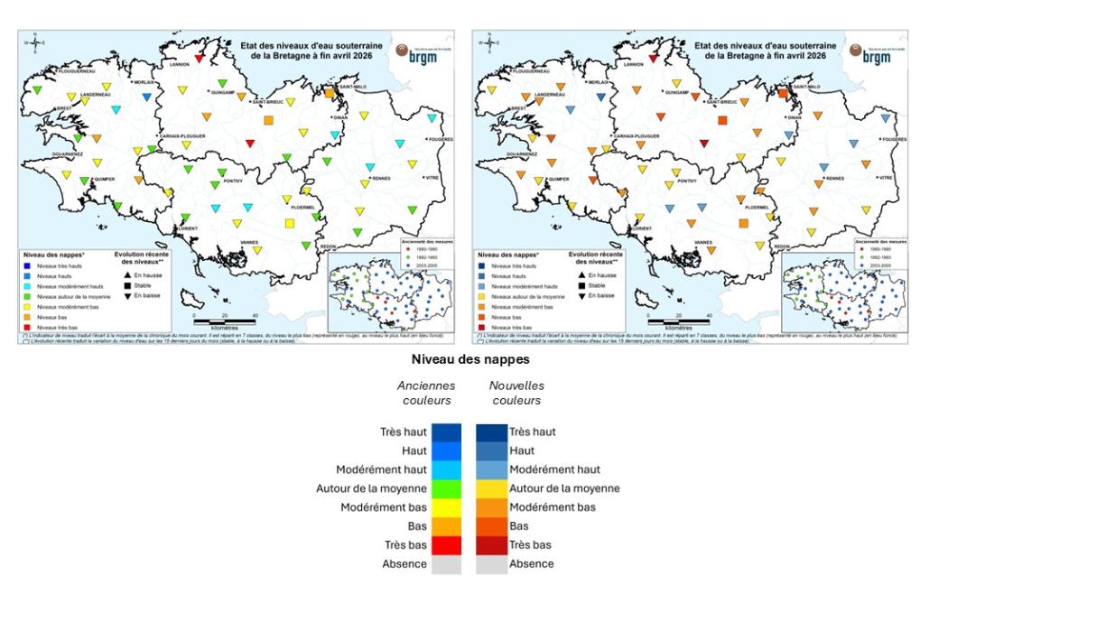 Comparaison des cartes de situation à fin avril 2026 suite à l’évolution des couleurs des niveaux de nappes