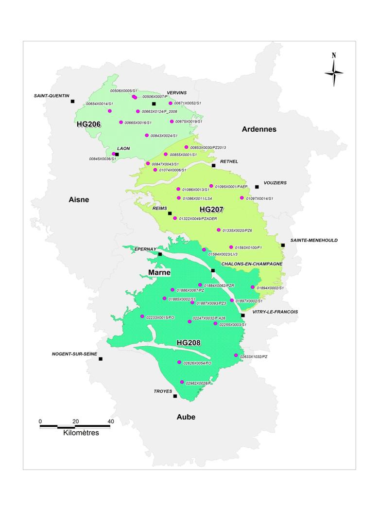 Cartographie des points du réseau de suivi « quantité » ou piézométrique de la Craie Champenoise au 1er septembre 2014 (BRGM - ADES)