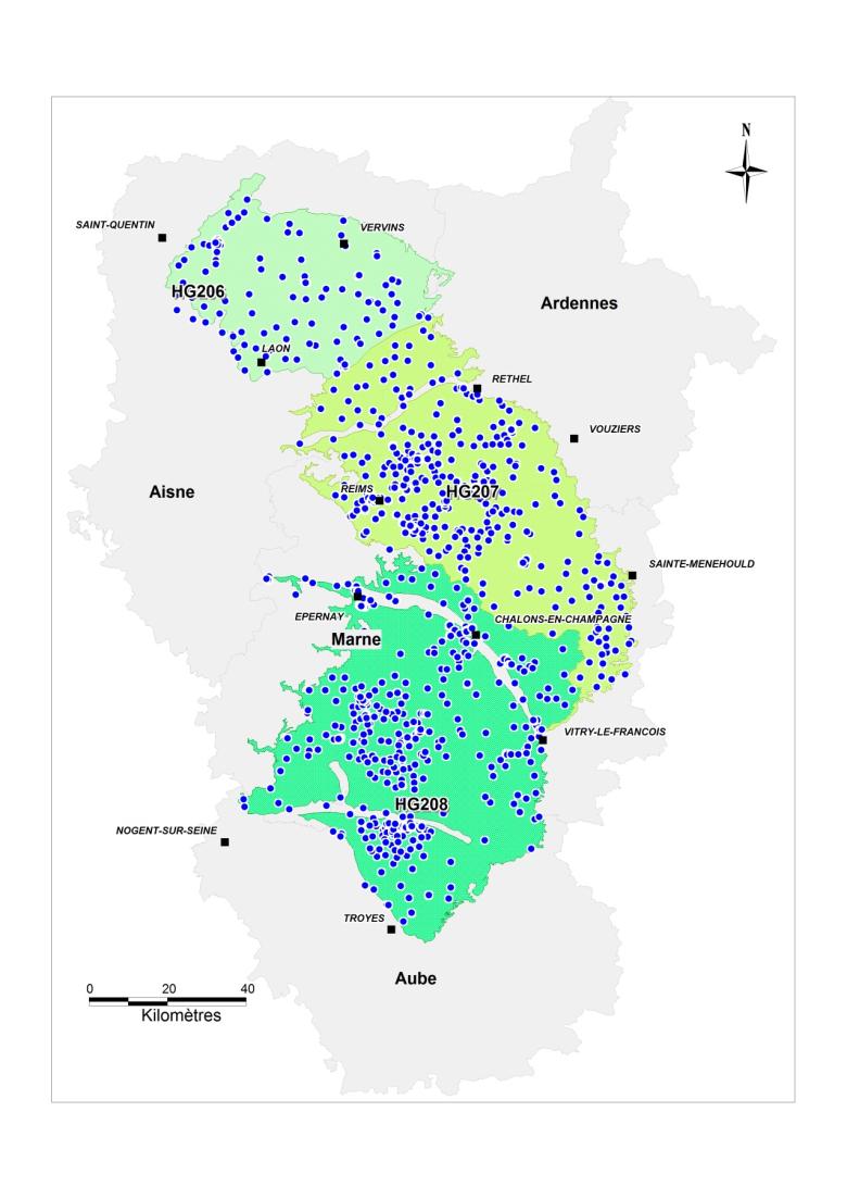 Cartographie des points du réseau de suivi « qualité » de la Craie Champenoise au 1er septembre 2014 (BRGM - ADES)