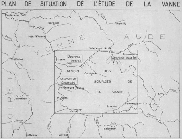 Plan de situation de l’étude des sources de la Vanne     (R. Hlavek et al,1959, BRGM) 
