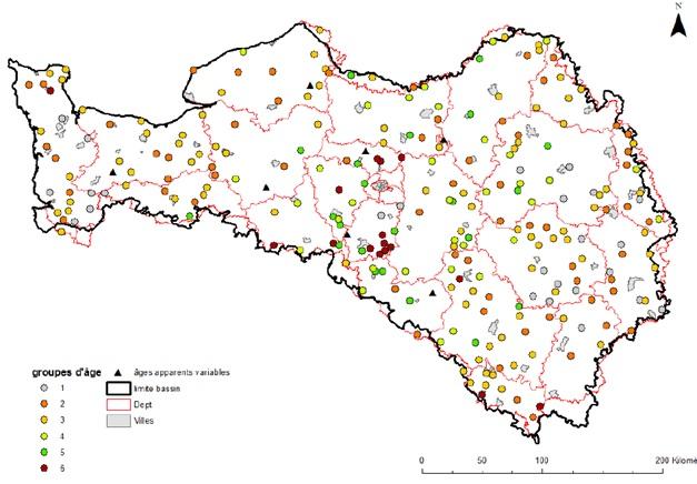 Synthèse des âges apparents estimés sur le bassin regroupés en 6 classes et localisation des points où l’âge varie d’une période à l’autre (n=239) (BRGM, Lopez B., 2012 - Baran N., 2012)