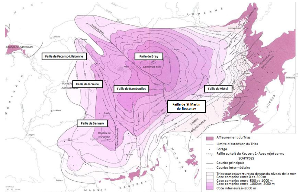Carte structurale du Bassin Parisien au toit du Keuper (C. MEGNIEN, 1980) modifiée en 2011