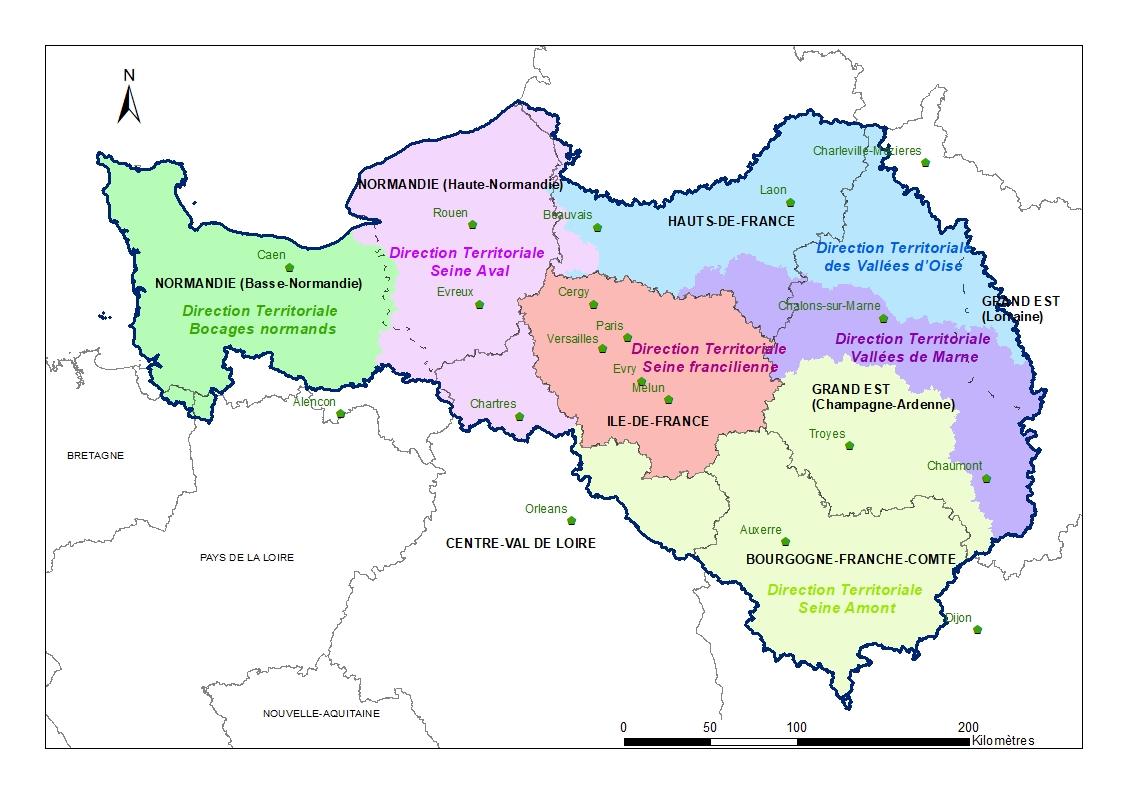 Directions territoriales de l’AESN et limites régionales (©BRGM-AESN, 2024)