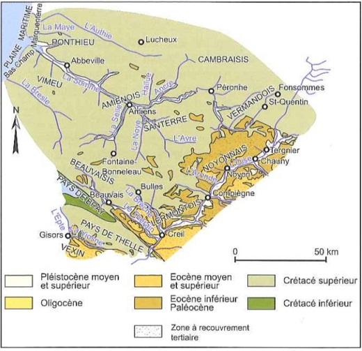 Carte simplifiée de la Picardie crayeuse ( Extrait de « Aquifères et eaux souterraines en France », 2006)