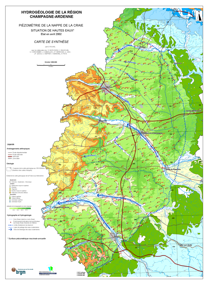 Carte piézométrique de la Craie Champenoise – période de hautes eaux (avril 2002) (Rouxel-David et al., 2003)