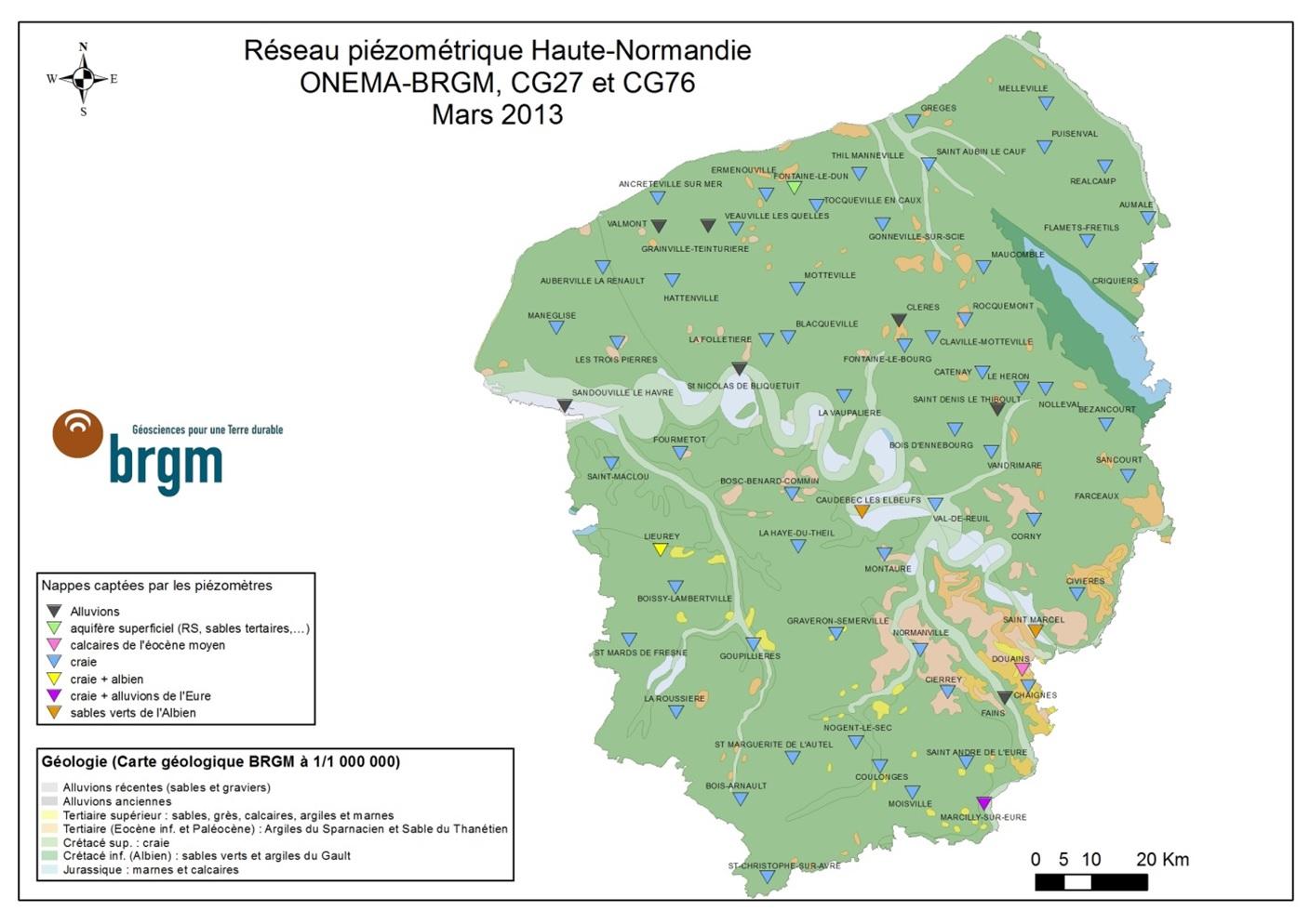 Carte présentant le réseau de suivi quantitatif des eaux souterraines (BRGM)