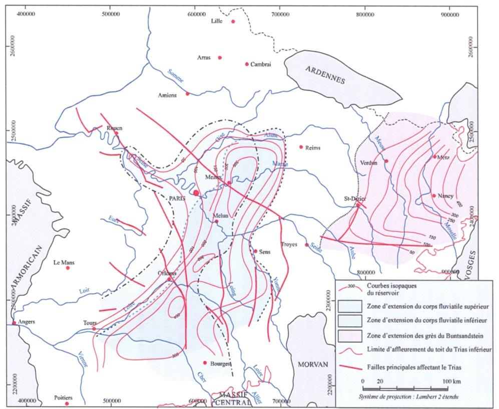Carte d’extension et d’épaisseur des réservoirs du Trias (modifié d’après Housse et Maget, 1976 - Extrait du Rapport BRGM/RP-56463-FR (Bouchot et al., 2008 a))