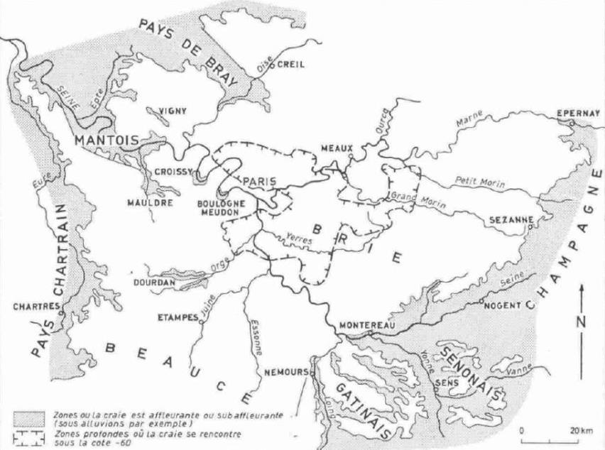 Carte schématique de la craie profonde au centre du Bassin Parisien. Les tirets localisent la craie très profonde (Mégnien C. et al, 1970)