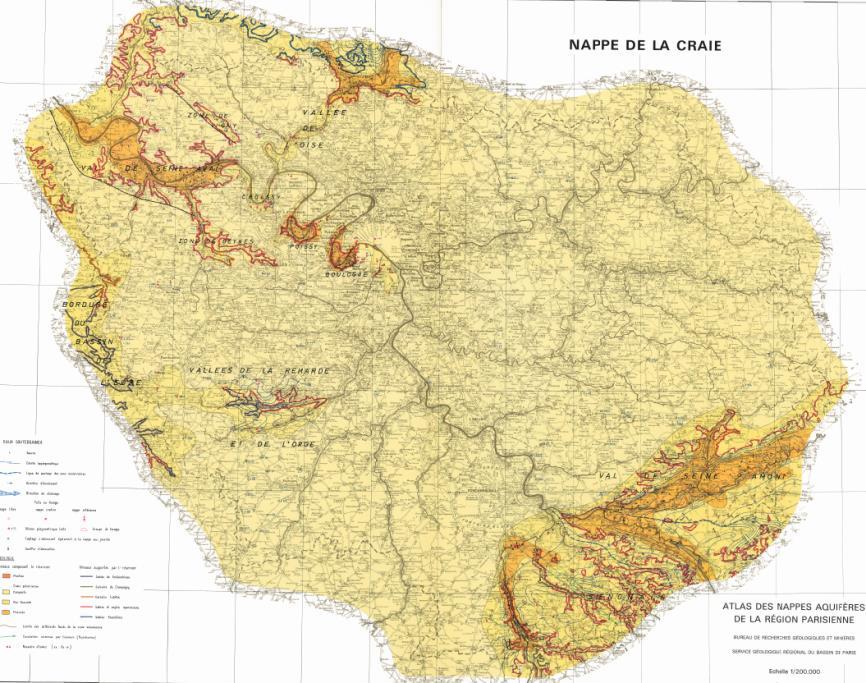 Planche Nappe de la craie : secteurs à forte perméabilité représentés en orange (Mégnien C. et al, 1970)