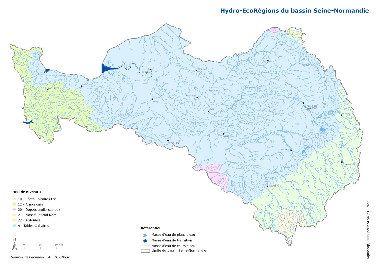 Hydroécorégions de niveau 1 (Aquascop-AESN-DRIEE, 2009)