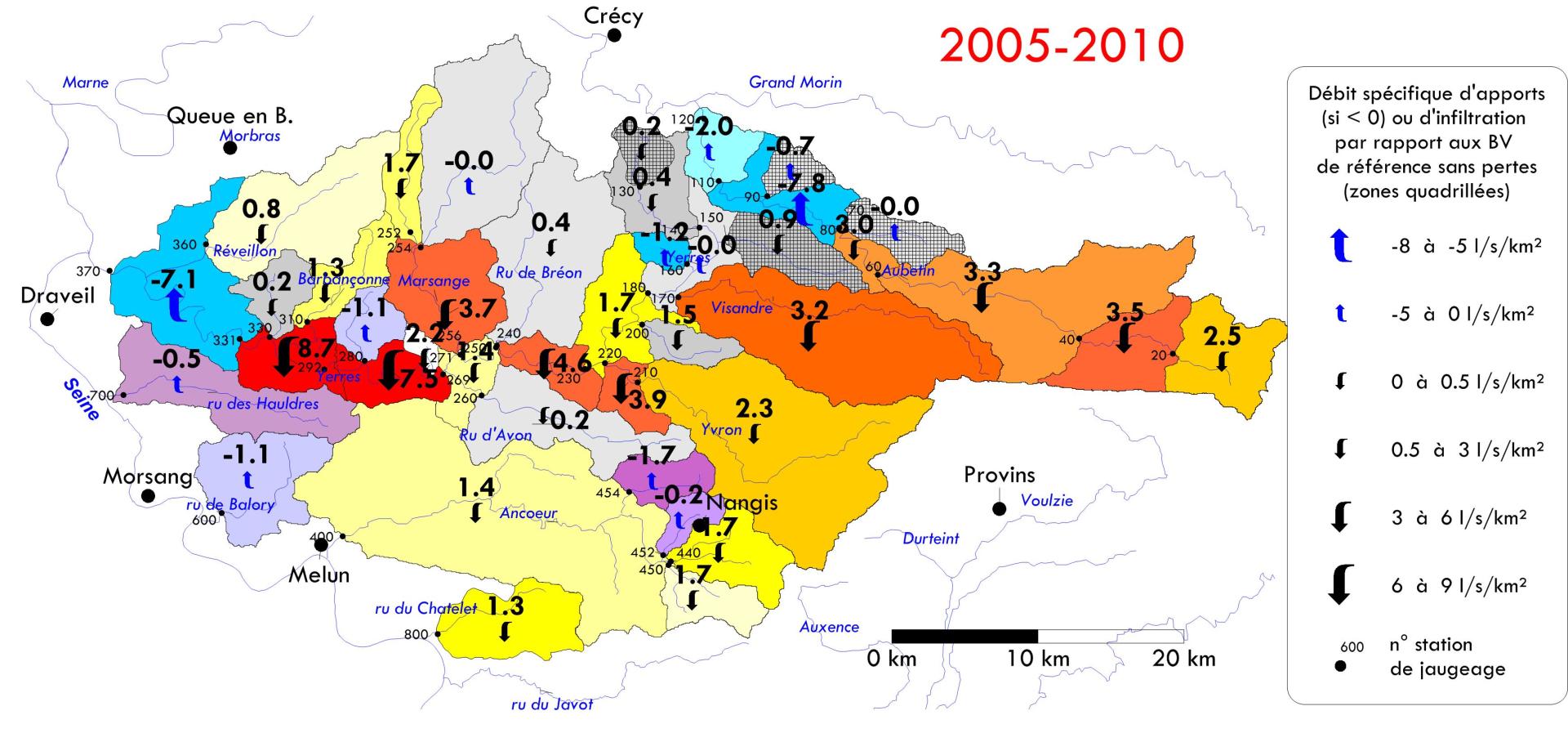 Estimation de l’infiltration vers la nappe du Champigny sur les portions de bassins versants jaugés en 2005-2010, par rapport à des bassins versants de référence sans pertes (méthode des bassins versants additionnel)
