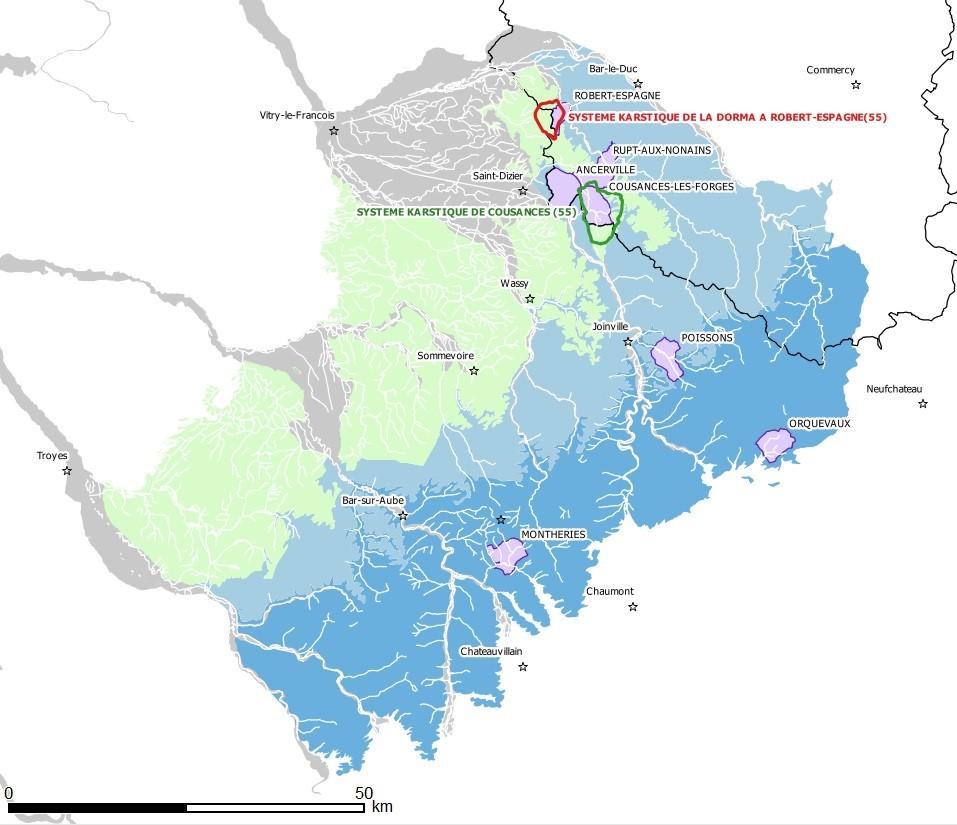 Carte de localisation des communes concernées par quelques systèmes karstiques remarquables dans les calcaires du Tithonien (HG303) et les calcaires de l’Oxfordien (HG306). D’après CHABART et al. 2018