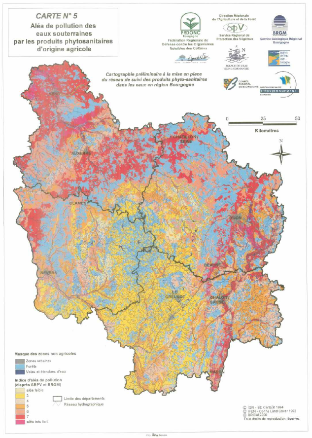 Aléa de pollution des eaux souterraines par les produits phytosanitaires d’origine agricole (JAUFFRET.D. et al., 2001)