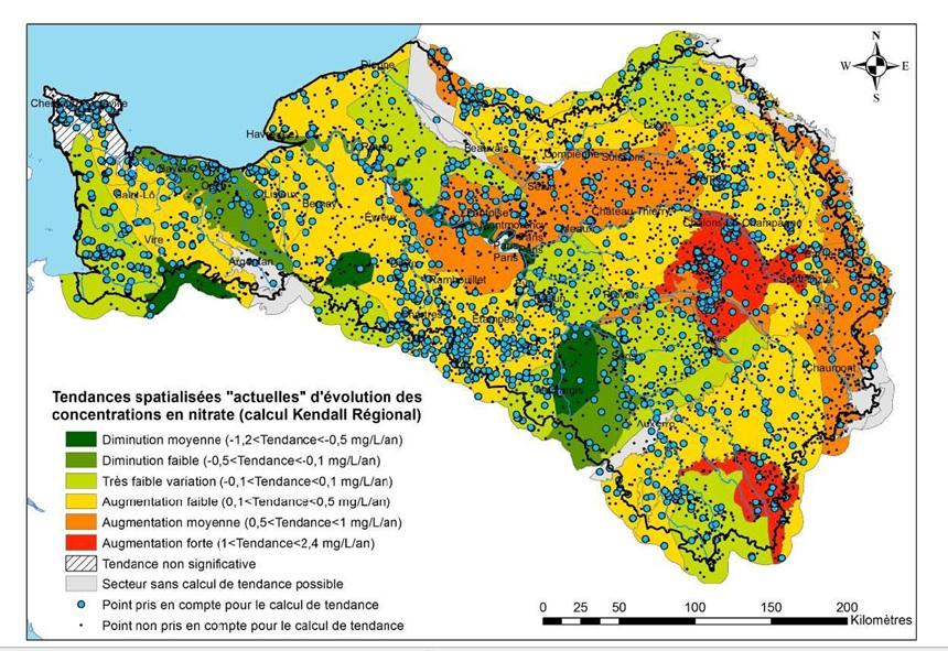 Carte de tendances d’évolution des concentrations en nitrate (Lopez B., 2012 - Baran N., 2012)