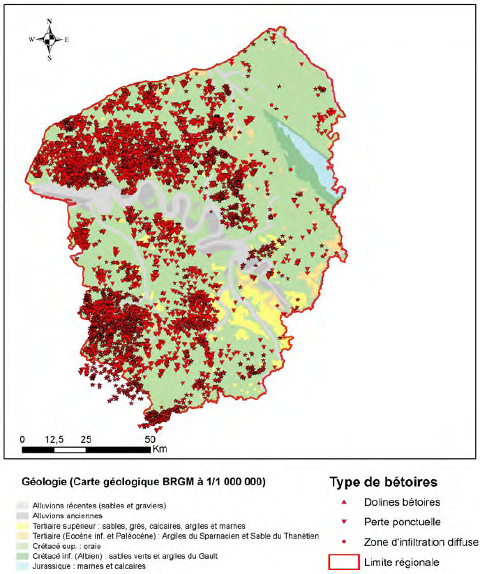 Carte de localisation des bétoires, état de bancarisation au 05/07/2010 (David P.-Y., 2010)