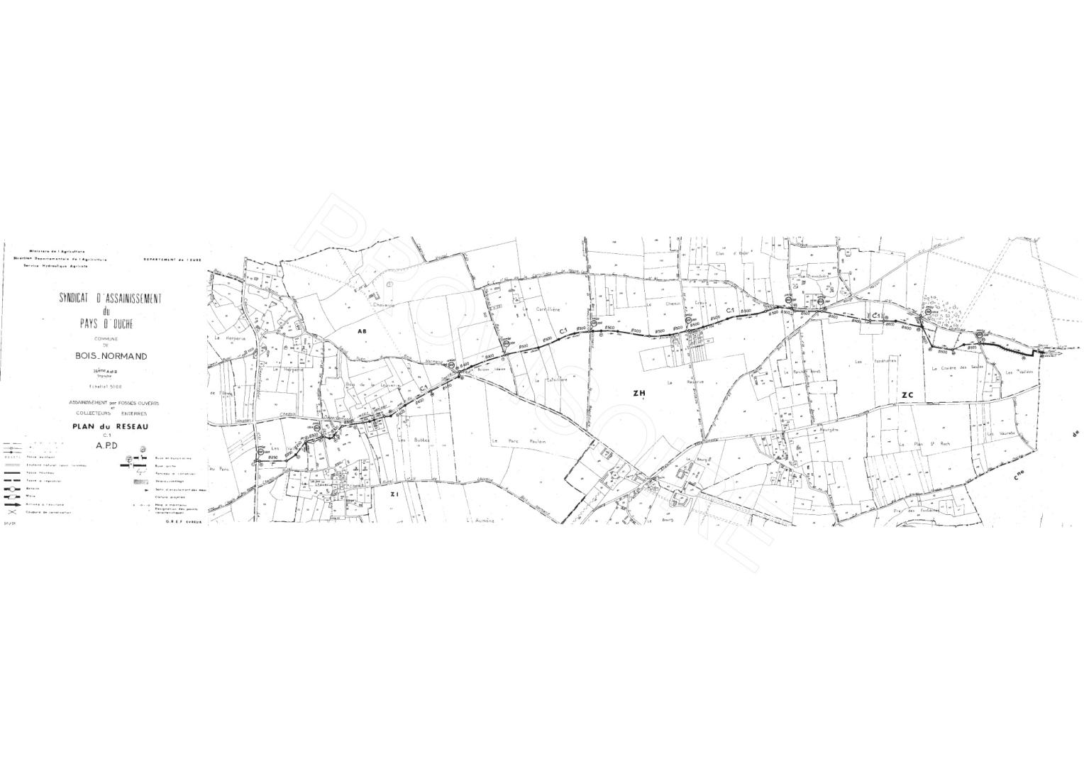 Exemple de documents scannés : extrait de plan de réseau de drainage (SIA du Pays d’Ouche 1991)