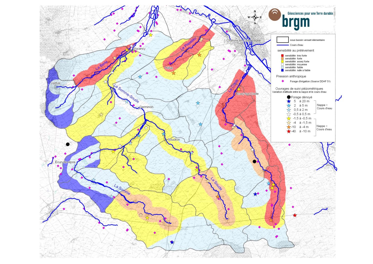 Cartographie interprétative préliminaire de la « sensibilité » au prélèvement d’eau sur les bassins versants Somme-Soude-Coole (51)