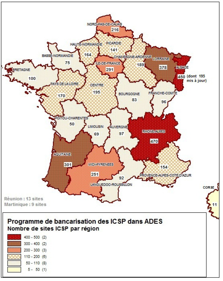 Répartition par région du nombre de sites ICSP bancarisés sous ADES à fin 2012 (D’après KOCH-MATHIAN J.Y., CHERY L., GUIET F., 2013)