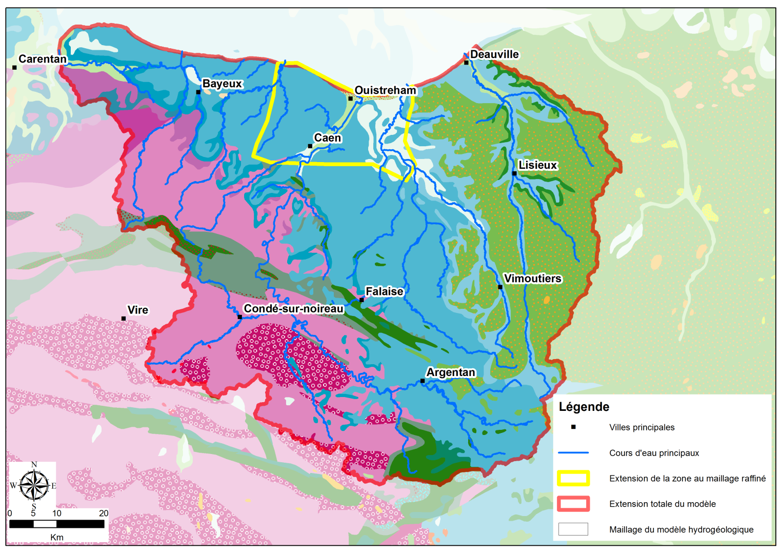 Extension du modèle hydrogéologique sur les secteurs de la plaine de Caen, du Bessin et du bassin de la Dives. 